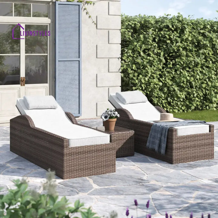 Fidelia Outdoor Swimming Poolside Lounger (Set of 2) With 1 Side Table (Black +White) - Brown - Loungers