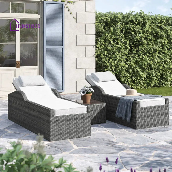 Fidelia Outdoor Swimming Poolside Lounger (Set of 2) With 1 Side Table (Black +White) - Grey - Loungers