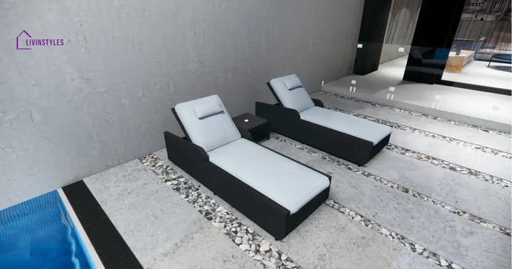 Fidelia Outdoor Swimming Poolside Lounger (Set of 2) With 1 Side Table (Black +White) - Loungers