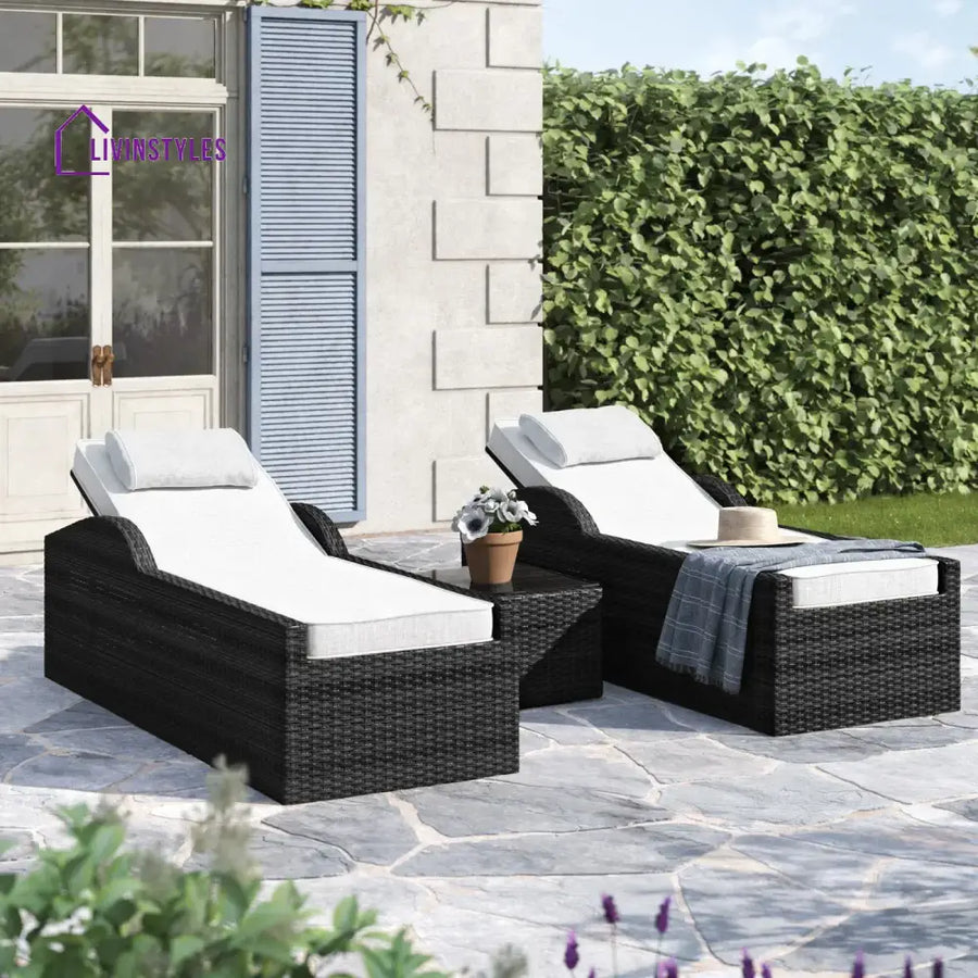 Fidelia Outdoor Swimming Poolside Lounger (Set of 2) With 1 Side Table (Black +White) - Black - Loungers