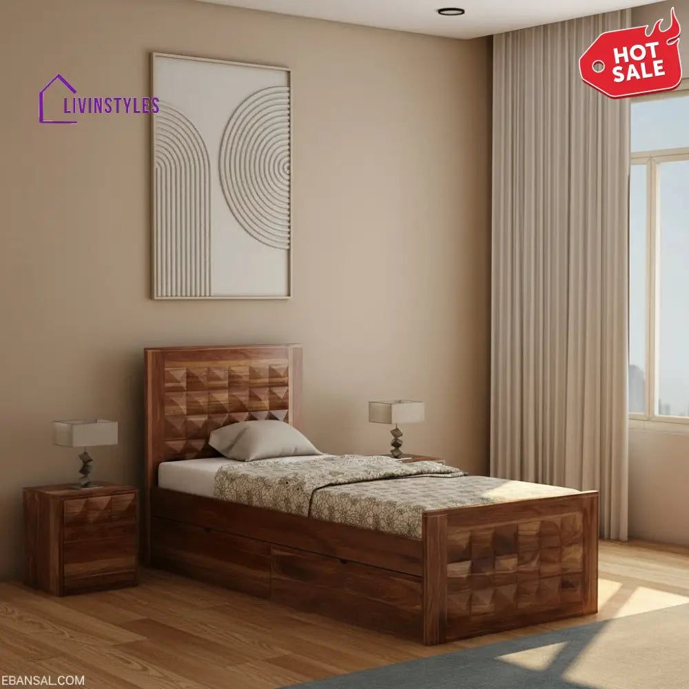 Filomena Solid Sheesham Wood Single Bed With Two Drawer (Natural Finish) Bed