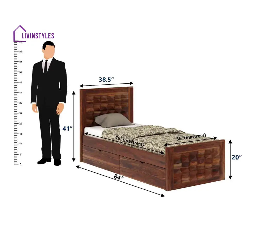 Filomena Solid Sheesham Wood Single Bed With Two Drawer (Natural Finish) Bed
