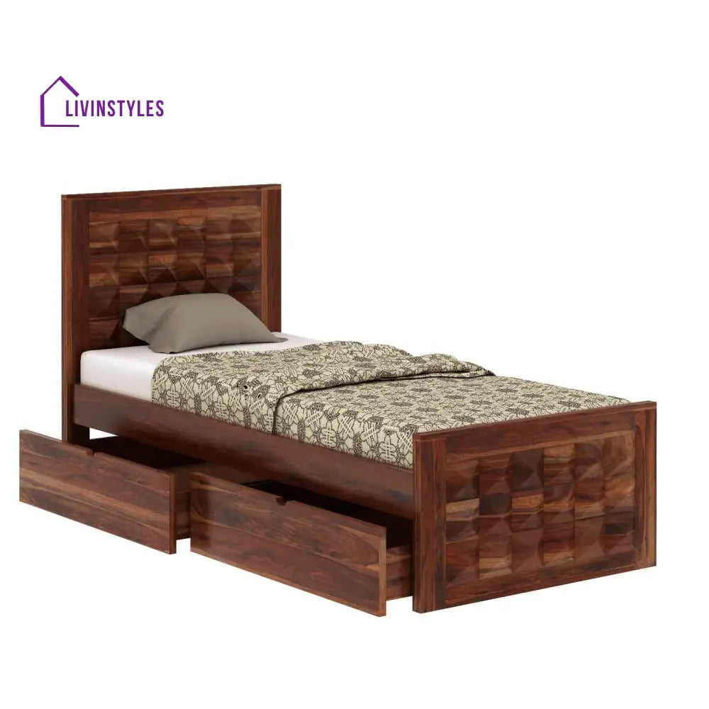 Filomena Solid Sheesham Wood Single Bed With Two Drawer (Natural Finish) Bed