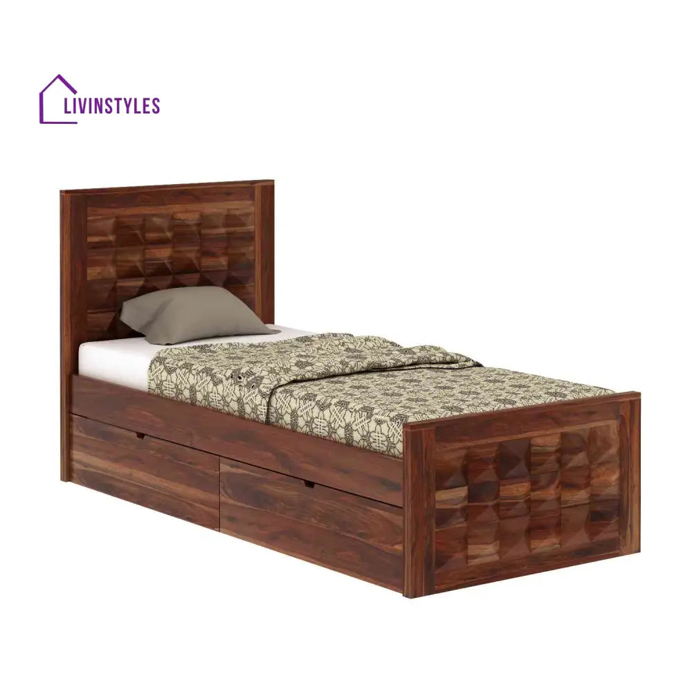 Filomena Solid Sheesham Wood Single Bed With Two Drawer (Natural Finish) Bed