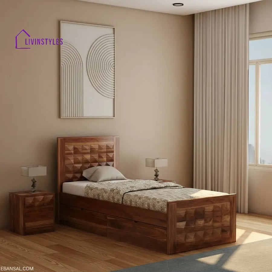 Filomena Solid Sheesham Wood Single Bed With Two Drawer (Natural Finish) Bed