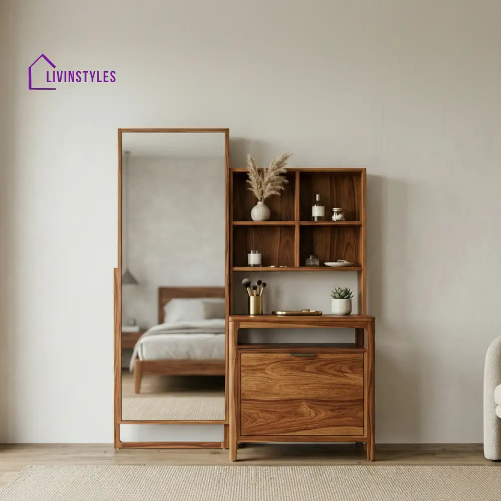 Finn Sheesham Wood Dressing Table with Mirror and Storage (Honey Finish)