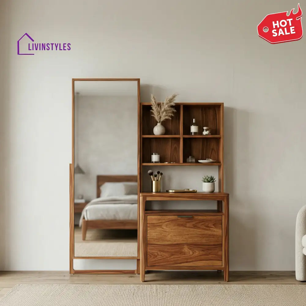 Finn Sheesham Wood Dressing Table with Mirror and Storage (Honey Finish)