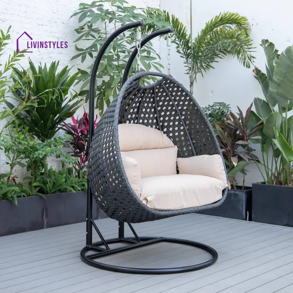 Fino Double Seater Hanging Swing With Stand For Balcony Garden Swing (Dark Grey) - Beige - Swings