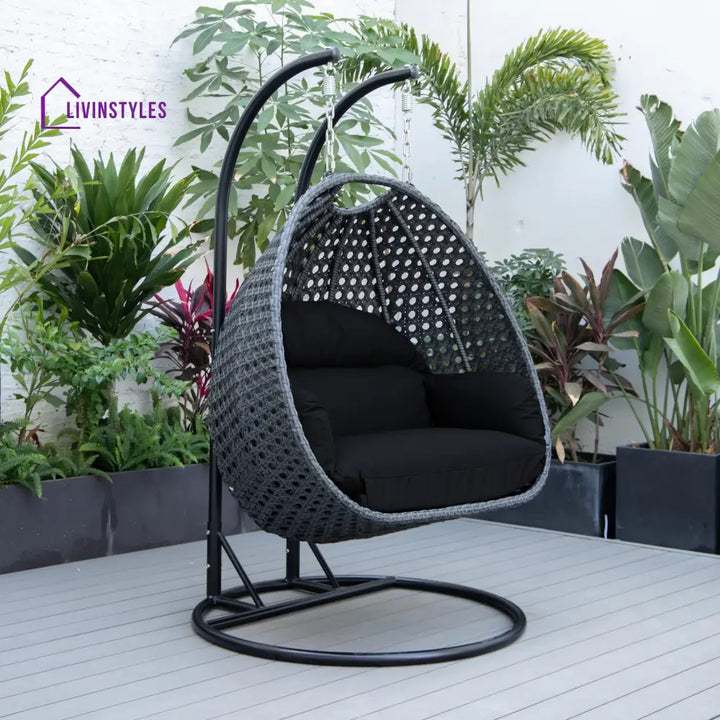 Fino Double Seater Hanging Swing With Stand For Balcony Garden Swing (Dark Grey) - Black - Swings