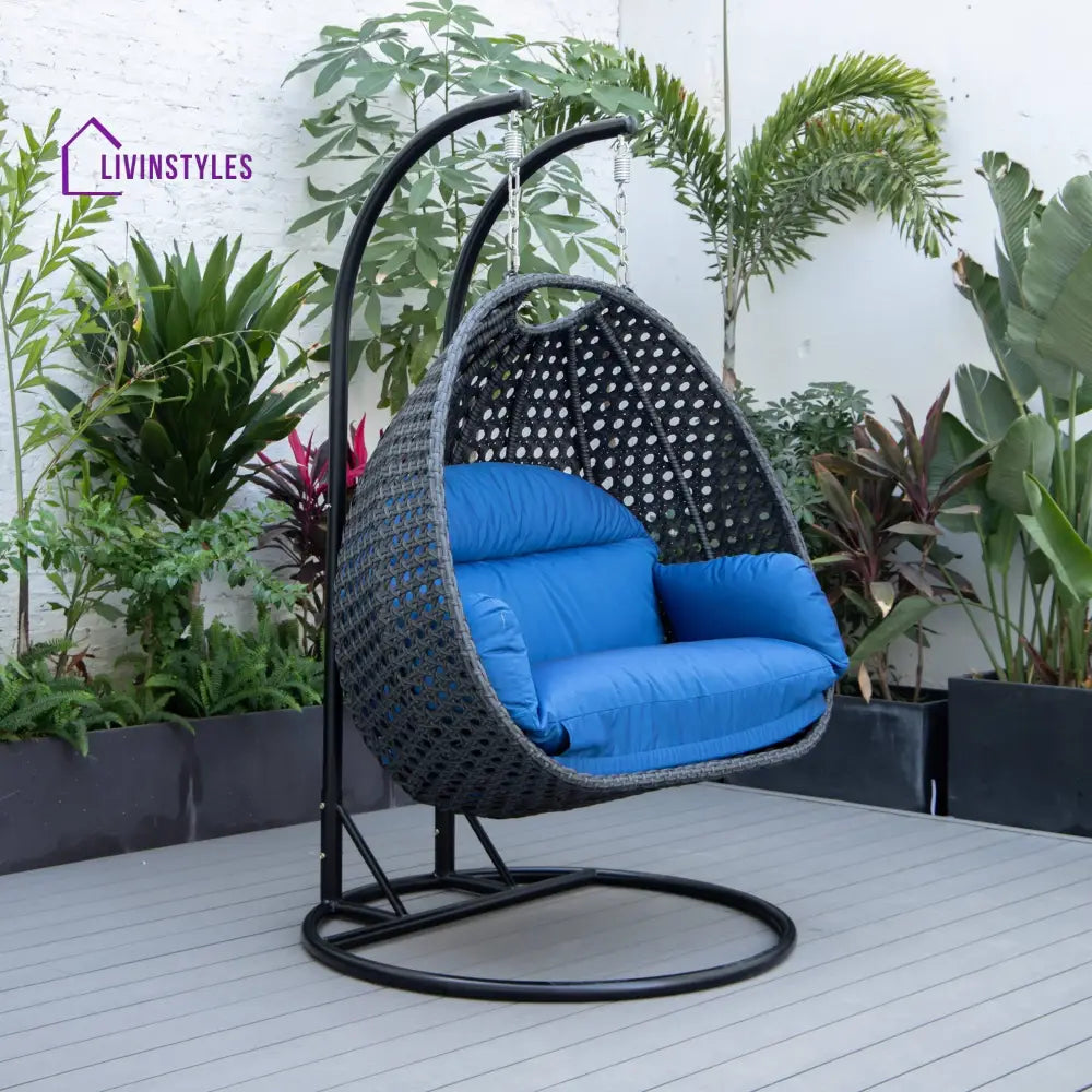 Fino Double Seater Hanging Swing With Stand For Balcony Garden Swing (Dark Grey) - Blue - Swings