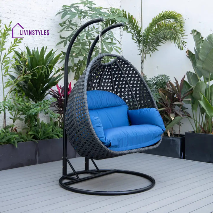 Fino Double Seater Hanging Swing With Stand For Balcony Garden Swing (Dark Grey) - Blue - Swings