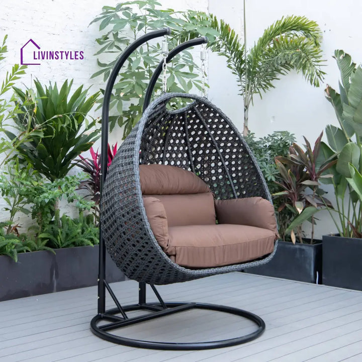 Fino Double Seater Hanging Swing With Stand For Balcony Garden Swing (Dark Grey) - Brown - Swings