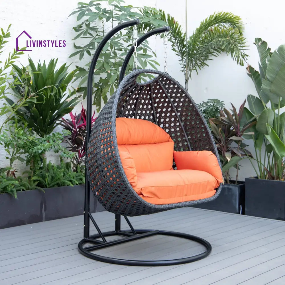 Fino Double Seater Hanging Swing With Stand For Balcony Garden Swing (Dark Grey) - Orange - Swings
