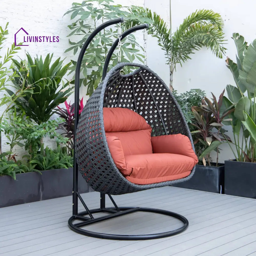 Fino Double Seater Hanging Swing With Stand For Balcony Garden Swing (Dark Grey) - Dark Orange - Swings