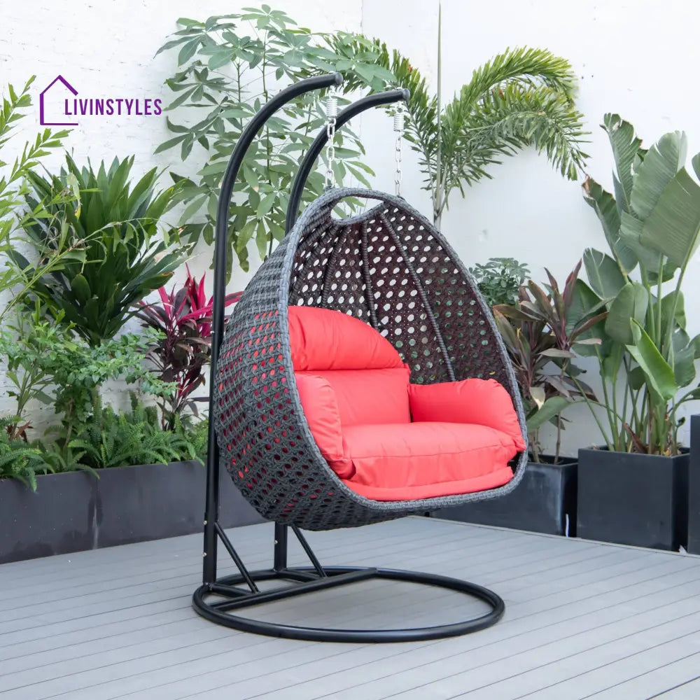 Fino Double Seater Hanging Swing With Stand For Balcony Garden Swing (Dark Grey) - Red - Swings