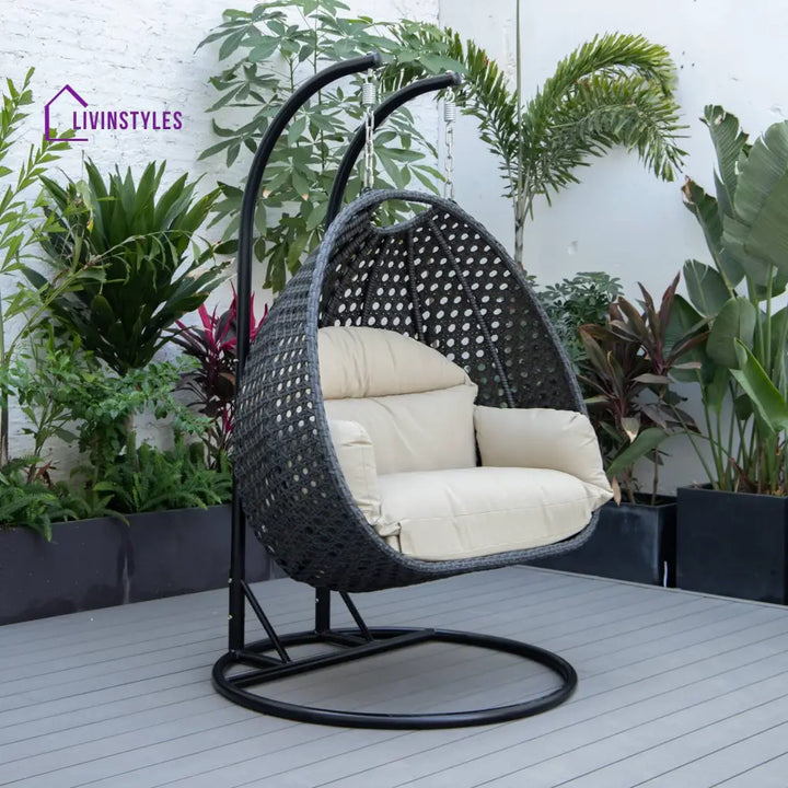 Fino Double Seater Hanging Swing With Stand For Balcony Garden Swing (Dark Grey) - Taupe - Swings