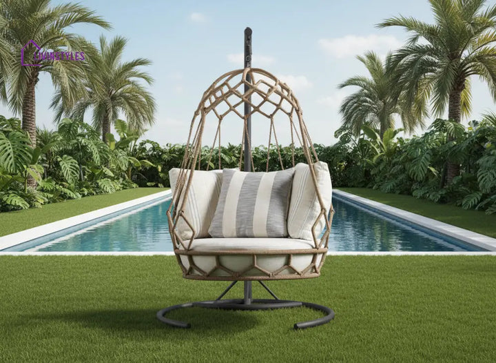Fiona Single Seater Hanging Swing With Stand For Balcony Garden (Natural Brown) Braided & Rope - Swings