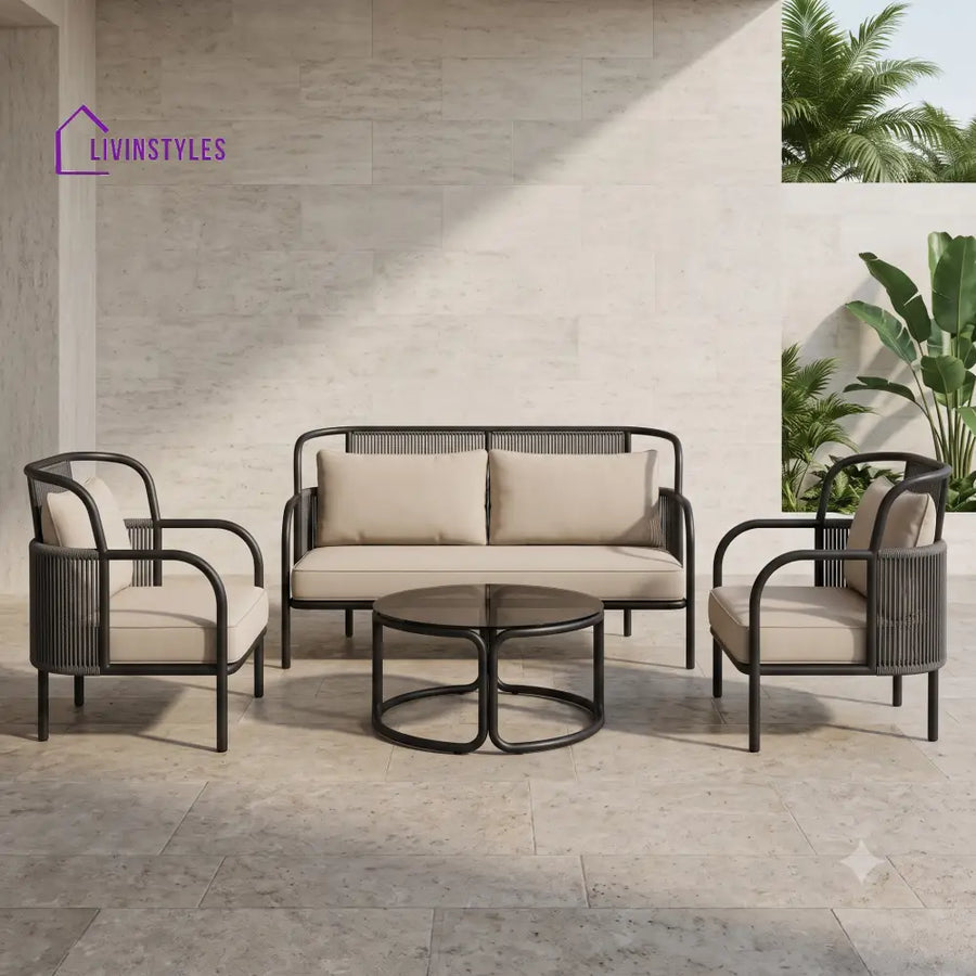 Flavie Metal Frame and Rope Weaving Outdoor Sofa Set 3 + 1 +1 and Coffee Table | Premium Uphostery