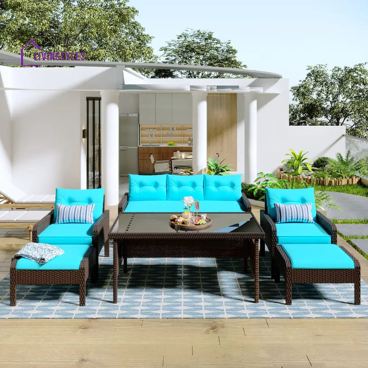 Flecto Outdoor Garden Balcony Sofa Set 3 Seater 2 Single seater and 1 Center Table and 2 Ottoman Set (Brown + Aqua