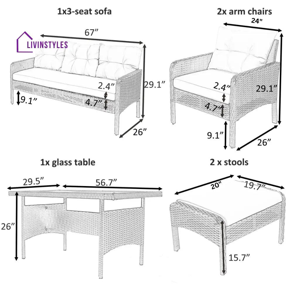 Flecto Outdoor Garden Balcony Sofa Set 3 Seater 2 Single seater and 1 Center Table and 2 Ottoman Set (Brown + Aqua