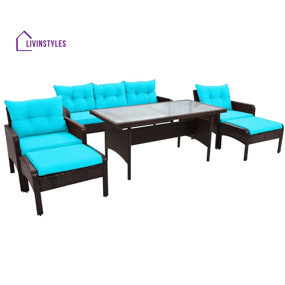 Flecto Outdoor Garden Balcony Sofa Set 3 Seater 2 Single seater and 1 Center Table and 2 Ottoman Set (Brown + Aqua