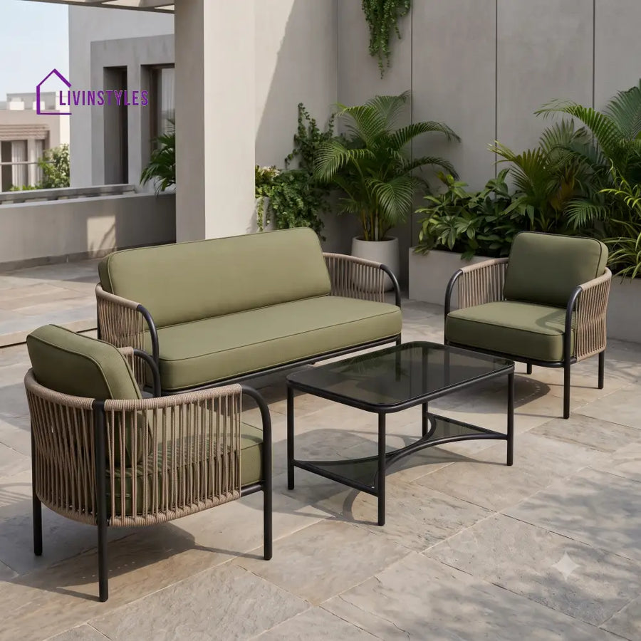 Fleur Metal Frame and Rope Weaving Outdoor Sofa Set 3 + 1 +1 and Coffee Table | Premium Uphostery
