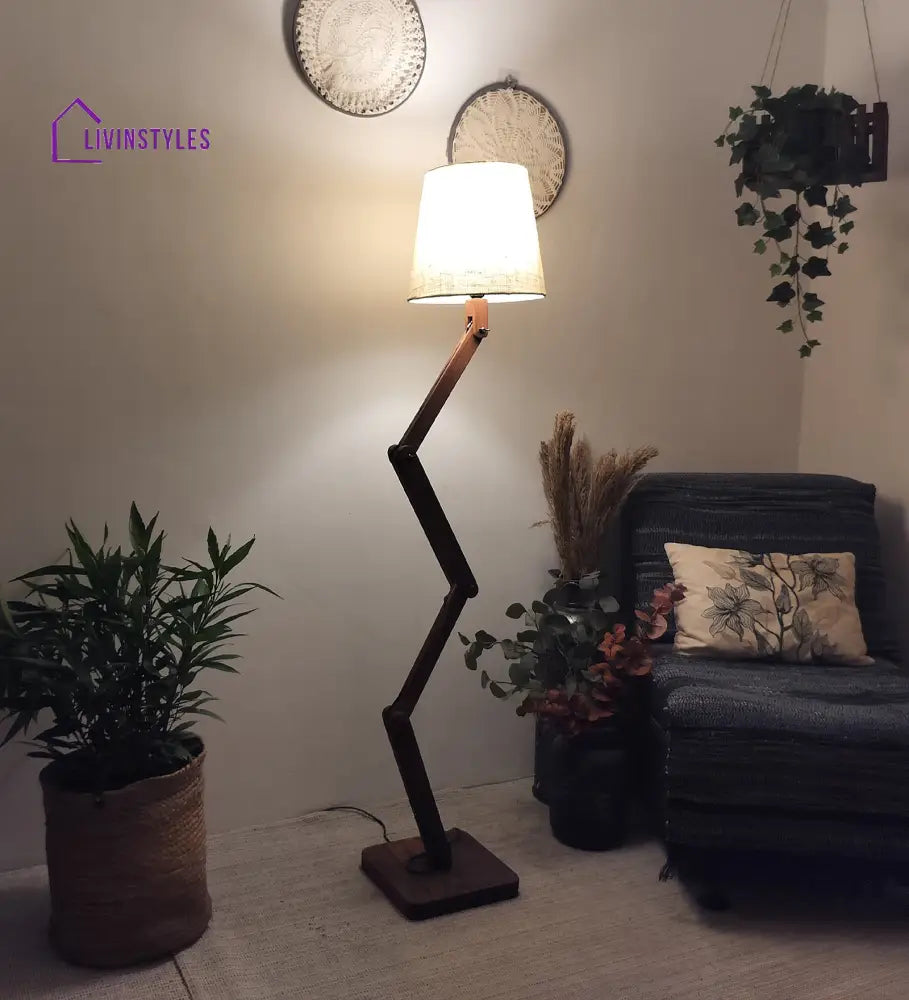 Flex Wooden Floor Lamp With Brown Base And Beige Fabric Lampshade Lamps