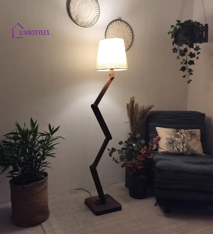 Flex Wooden Floor Lamp With Brown Base And Beige Fabric Lampshade Lamps