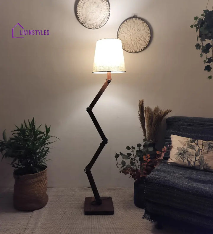 Flex Wooden Floor Lamp With Brown Base And Beige Fabric Lampshade Lamps
