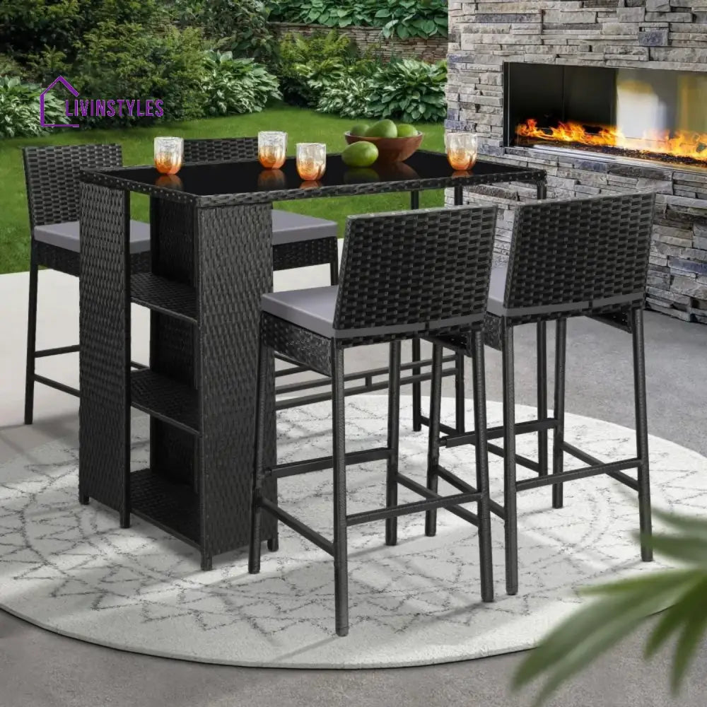 Flor 5-Piece Outdoor Rattan Wicker Bar Set with Glass Top Table - Bar Set