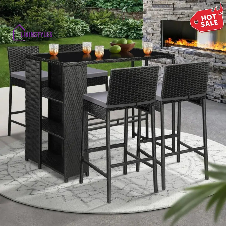 Flor 5-Piece Outdoor Rattan Wicker Bar Set with Glass Top Table - Bar Set