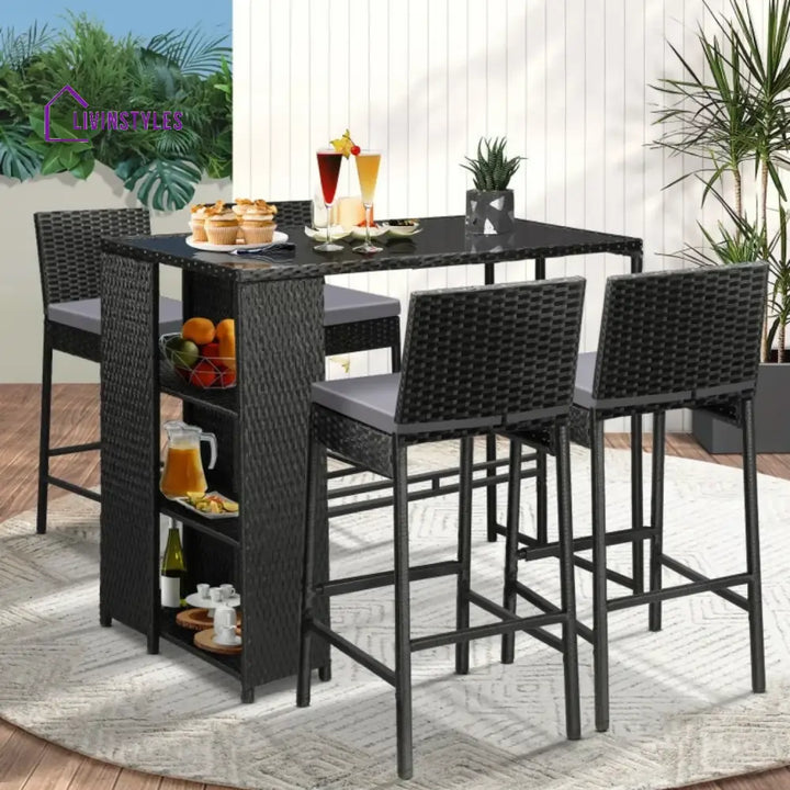 Flor 5-Piece Outdoor Rattan Wicker Bar Set with Glass Top Table - Bar Set