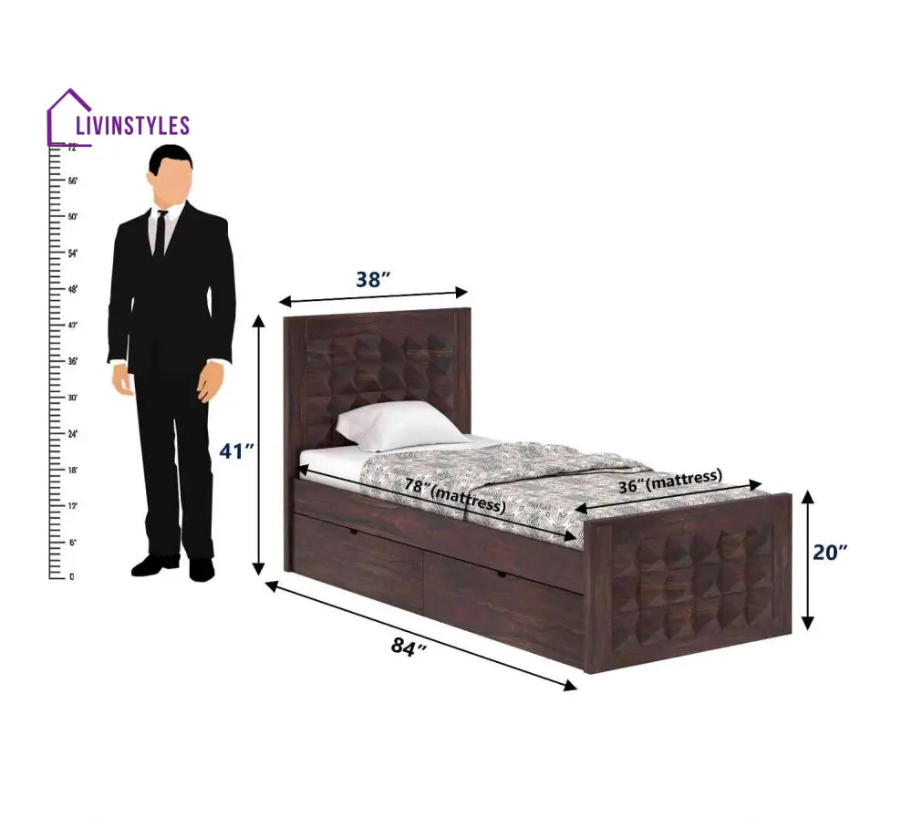 Flor Solid Sheesham Wood Single Bed With Two Drawer (Walnut Finish) Bed