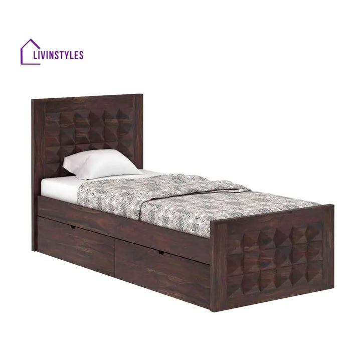 Flor Solid Sheesham Wood Single Bed With Two Drawer (Walnut Finish) Bed