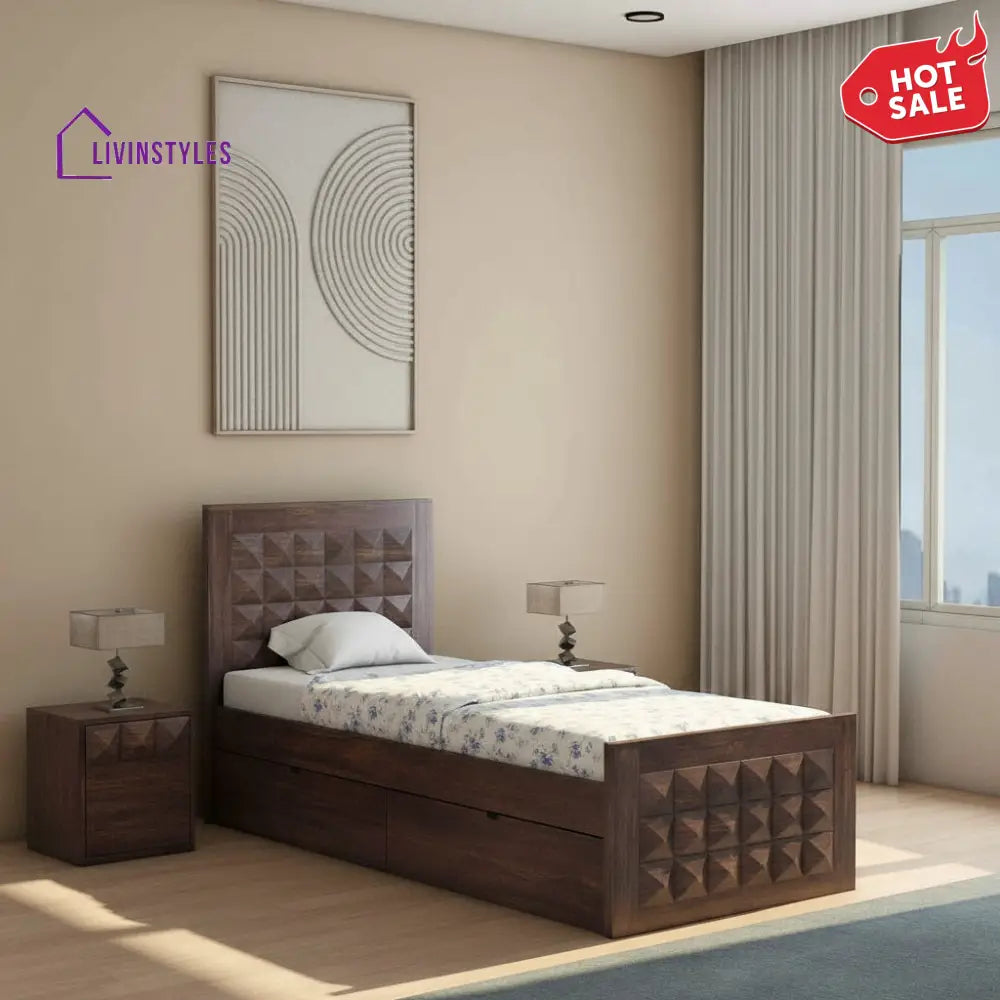 Flor Solid Sheesham Wood Single Bed With Two Drawer (Walnut Finish) Bed