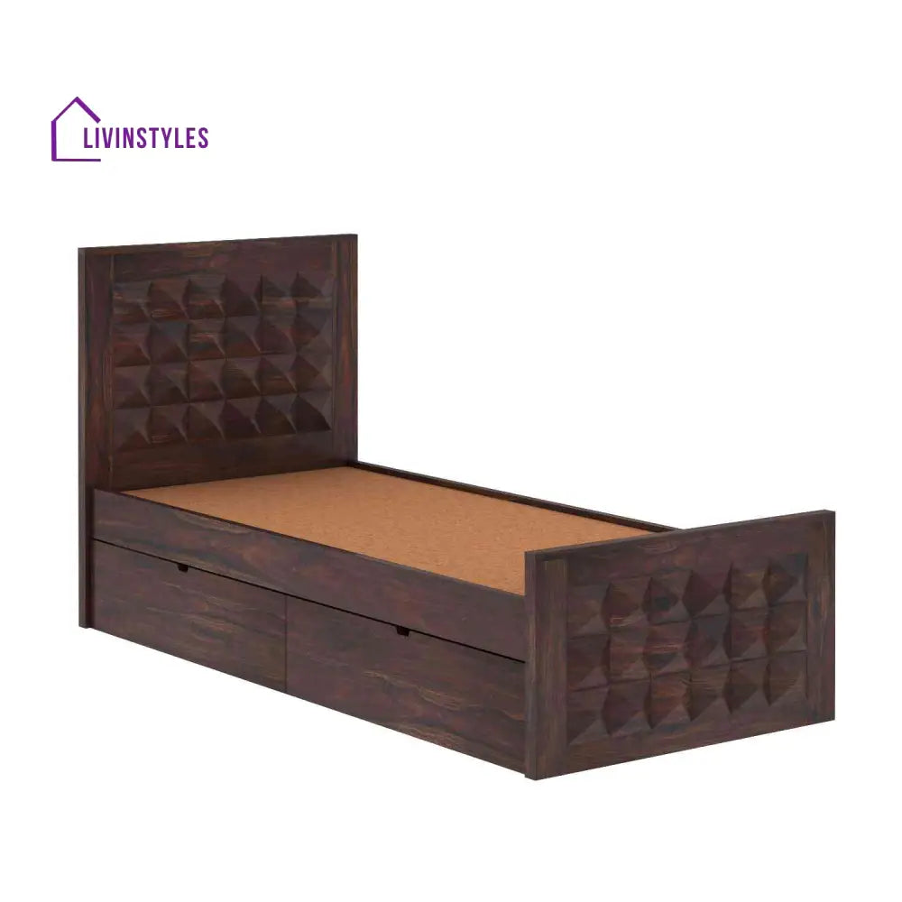 Flor Solid Sheesham Wood Single Bed With Two Drawer (Walnut Finish) Bed