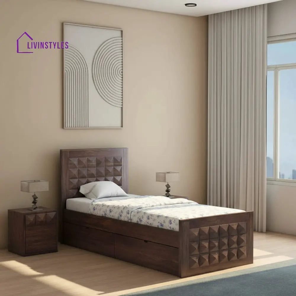 Flor Solid Sheesham Wood Single Bed With Two Drawer (Walnut Finish) Bed