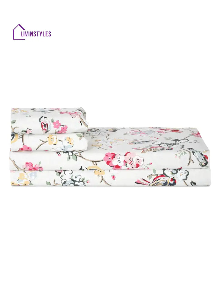 Floral Print White Color King Size Cotton Bed Sheet With 2 Pillow Covers Sheet