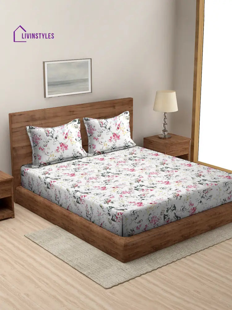 Floral Print White Color King Size Cotton Bed Sheet With 2 Pillow Covers Sheet