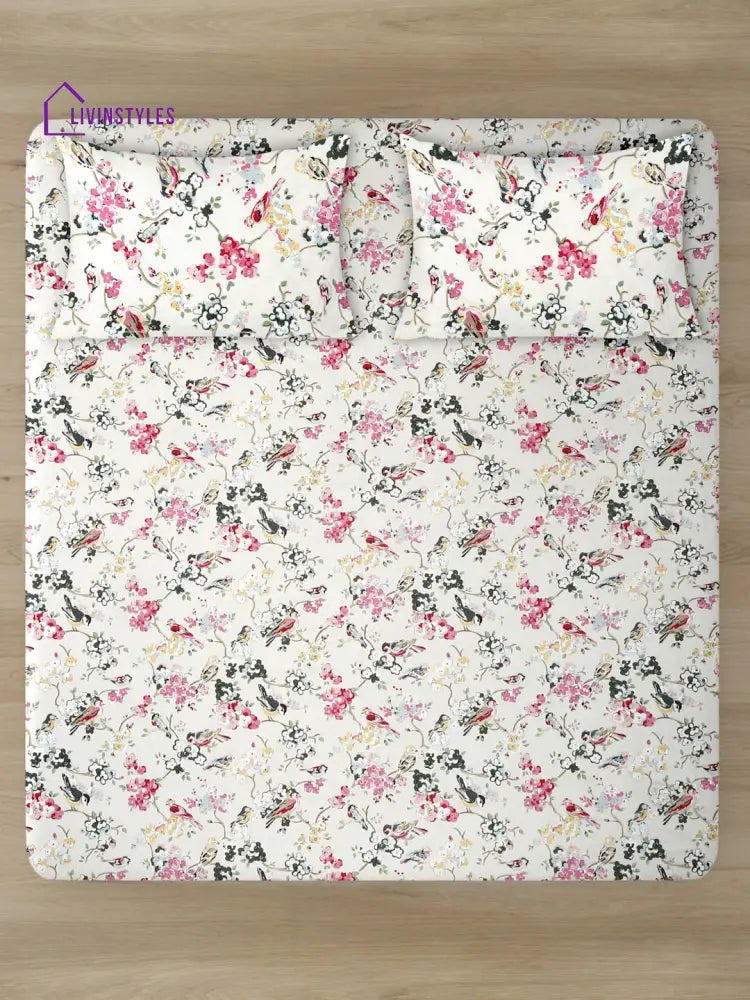Floral Print White Color King Size Cotton Bed Sheet With 2 Pillow Covers Sheet