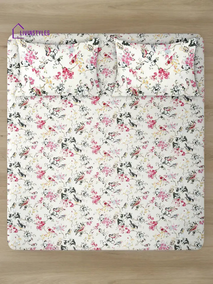 Floral Print White Color King Size Cotton Bed Sheet With 2 Pillow Covers Sheet