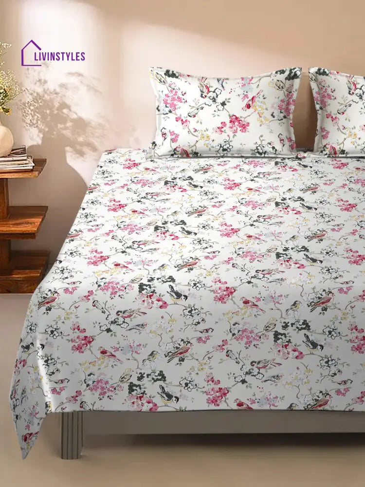 Floral Print White Color King Size Cotton Bed Sheet With 2 Pillow Covers Sheet