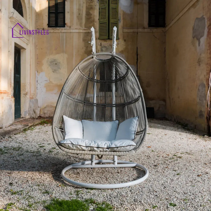 Floria Double Seater Hanging Swing With Stand For Balcony| Garden (White + Grey) Swings