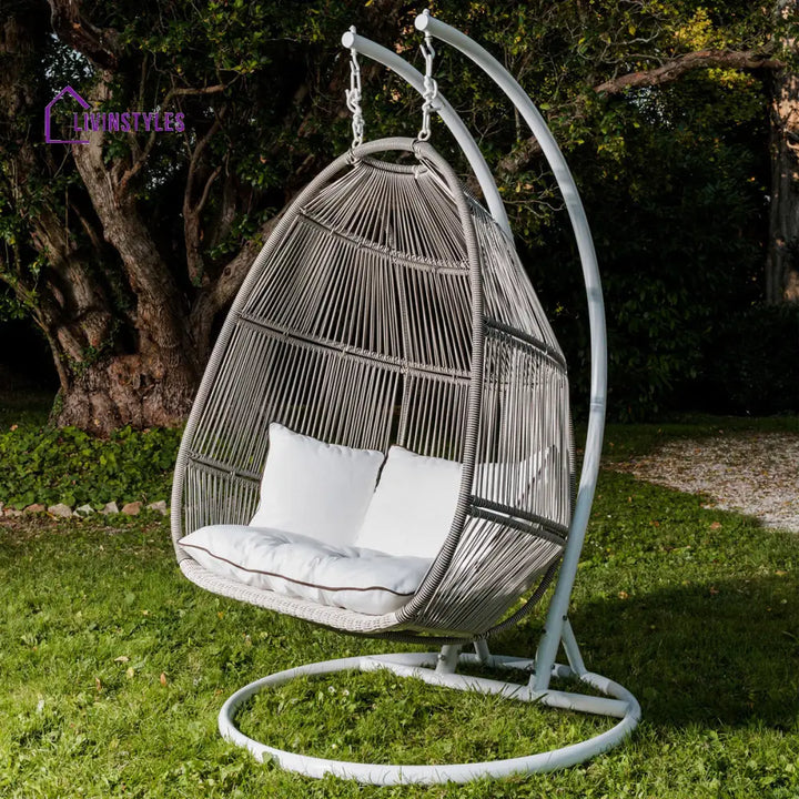 Floria Double Seater Hanging Swing With Stand For Balcony| Garden (White + Grey) Swings