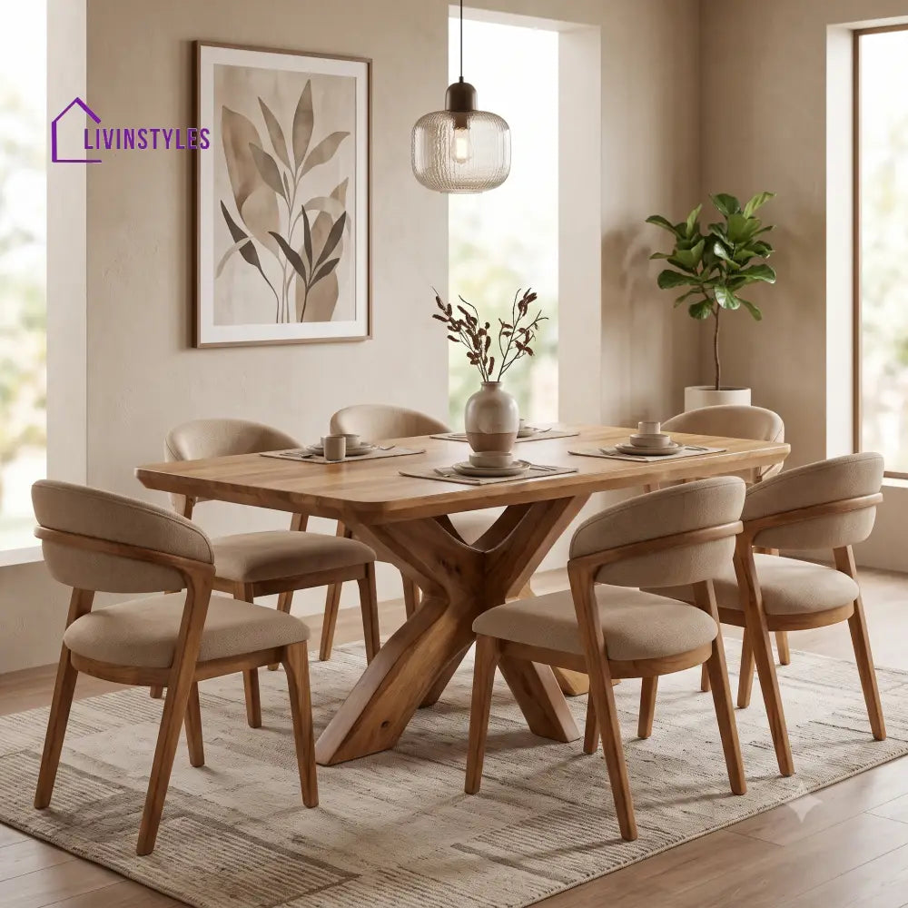 Florian Premium Mango Wood 6 Seater Dining Table Set | Natural Finish