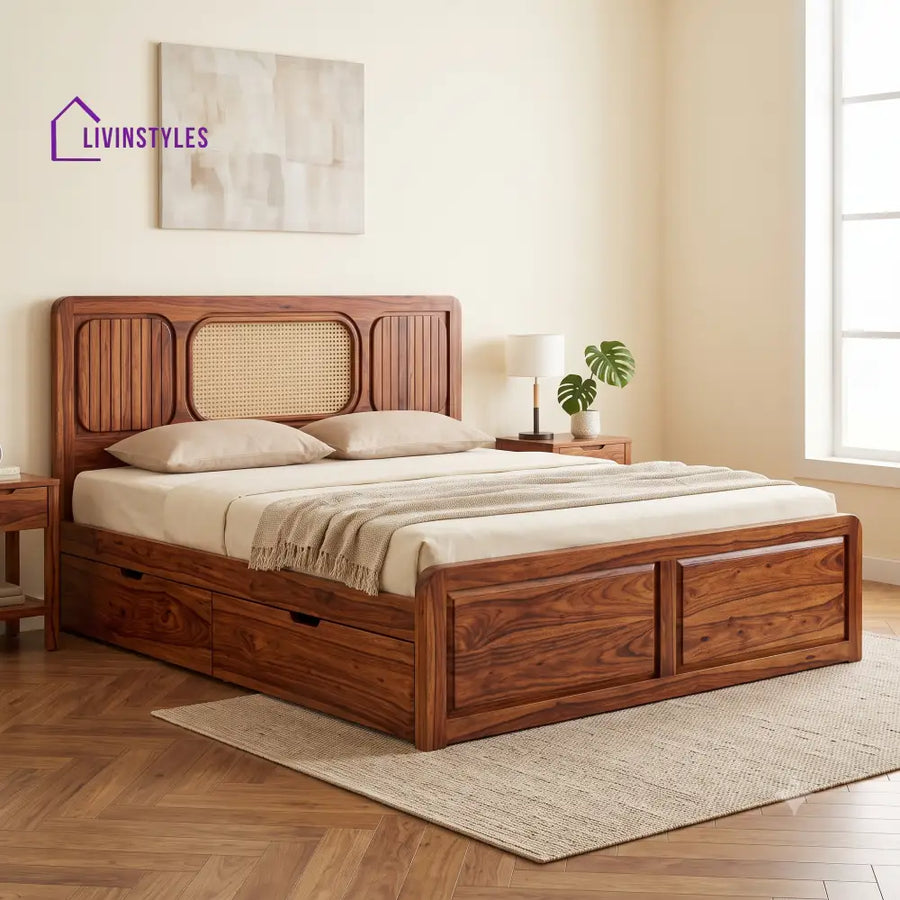 Florian Premium Wooden Bed with Drawer Storage | King Size Bed & Queen Size Bed Online
