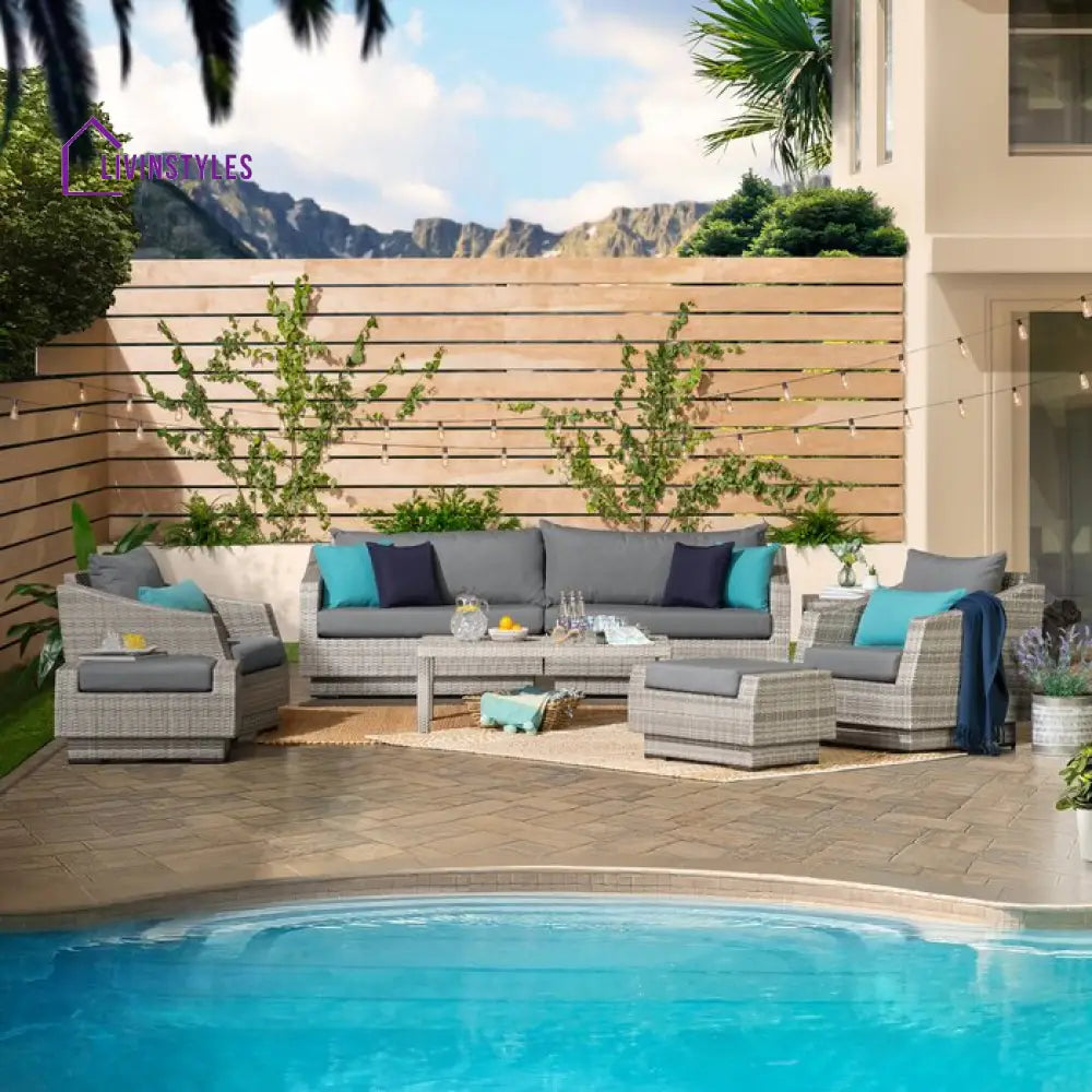 Floriana Outdoor Patio Sofa Set 3 Seater 2 Single Seater 2 Footstool 1 Side table and 1 Center Table (Silver) - Sofa