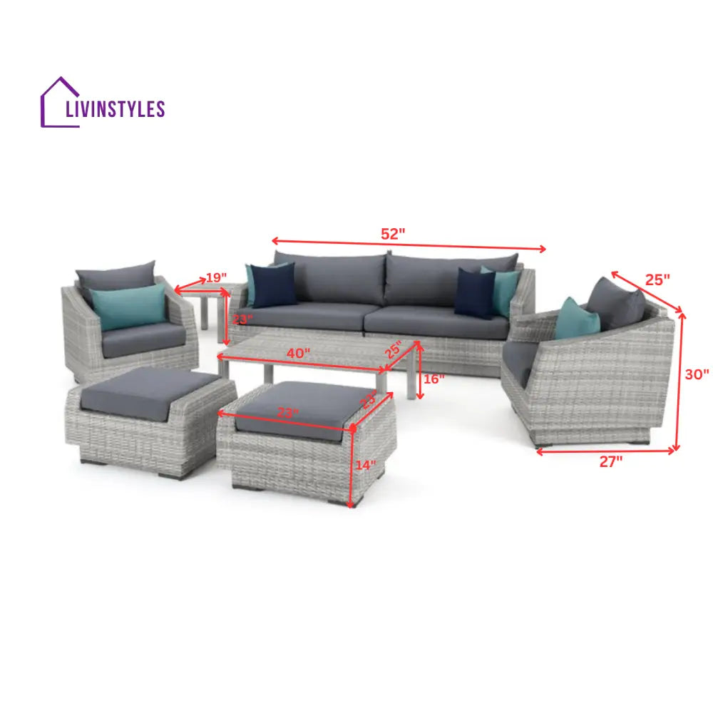 Floriana Outdoor Patio Sofa Set 3 Seater 2 Single Seater 2 Footstool 1 Side table and 1 Center Table (Silver) - Sofa