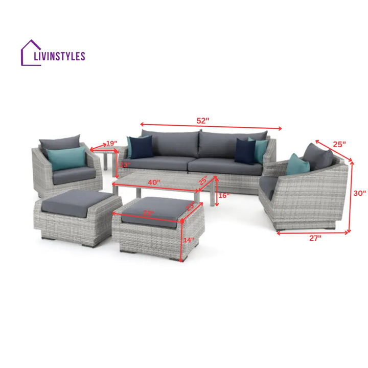Floriana Outdoor Patio Sofa Set 3 Seater 2 Single Seater 2 Footstool 1 Side table and 1 Center Table (Silver) - Sofa