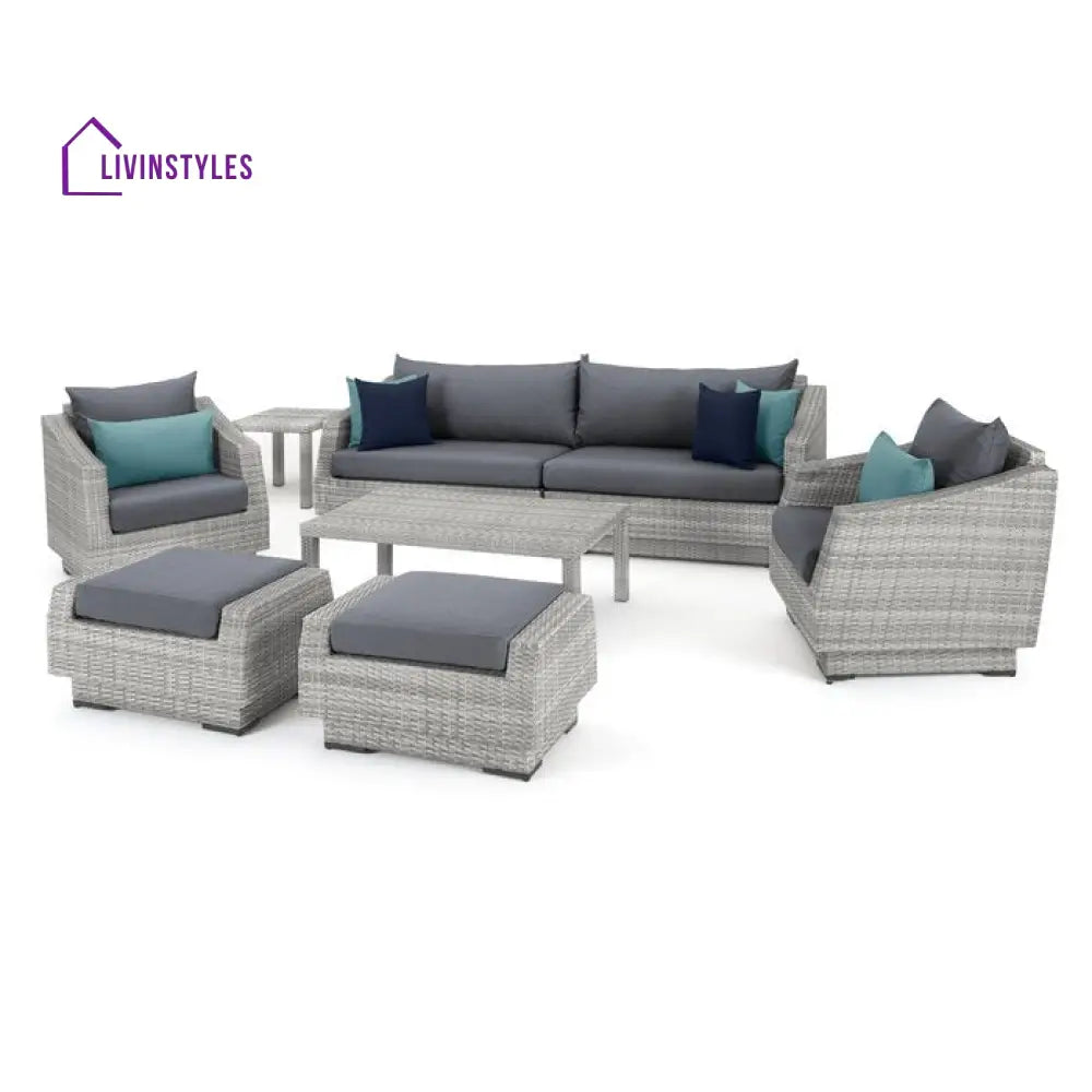Floriana Outdoor Patio Sofa Set 3 Seater 2 Single Seater 2 Footstool 1 Side table and 1 Center Table (Silver) - Sofa
